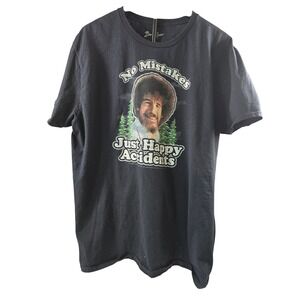 Bob Ross No Mistakes Just Happy Accidents Graphic T-Shirt Black Mens XL Cotton